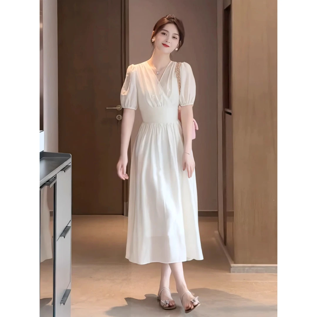 2025夏季新款微胖显瘦高级感桔梗法式温柔风气质仙女白色连衣裙子