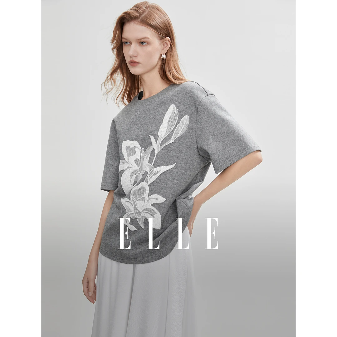 ELLE2025夏季新款重磅双面针重工刺绣织舒适挺括T恤ET51400