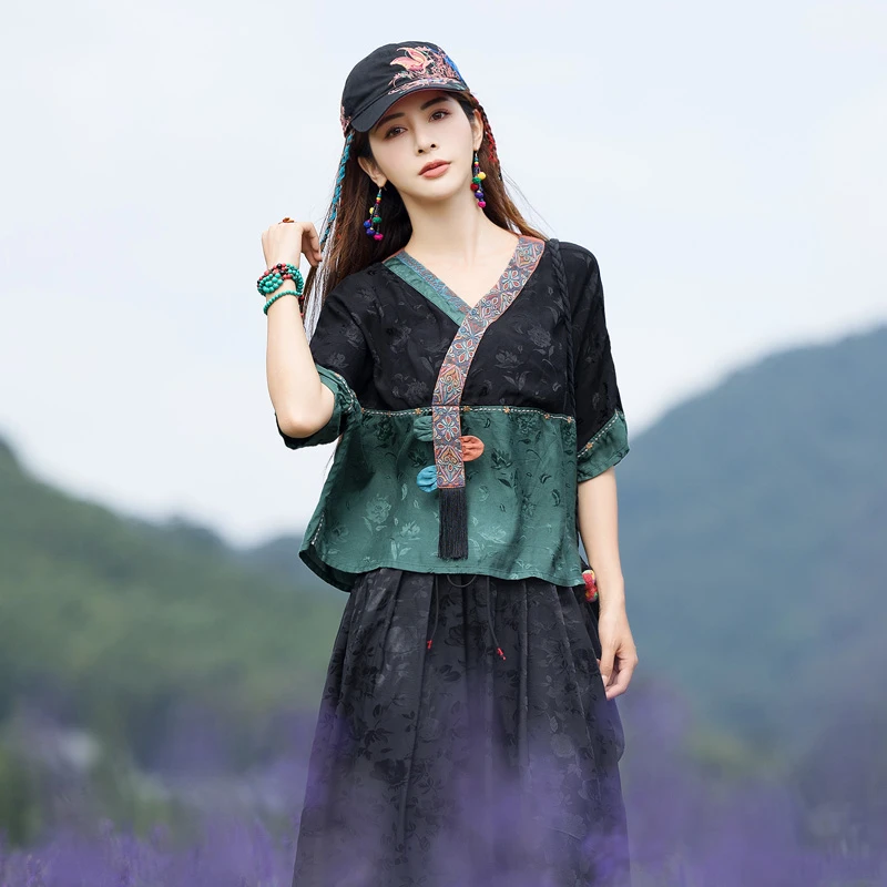 新款民族风刺绣提花缎面宽松上衣拼色短袖复古小衫新中式唐装衬衫