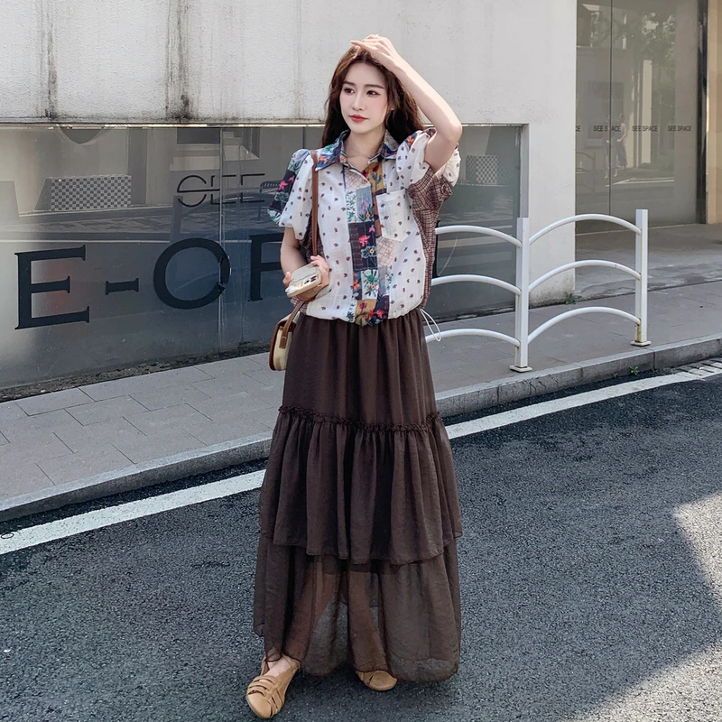 氛围感套装裙女2025年夏季新款撞色印花衬衫上衣网纱半身裙两件套