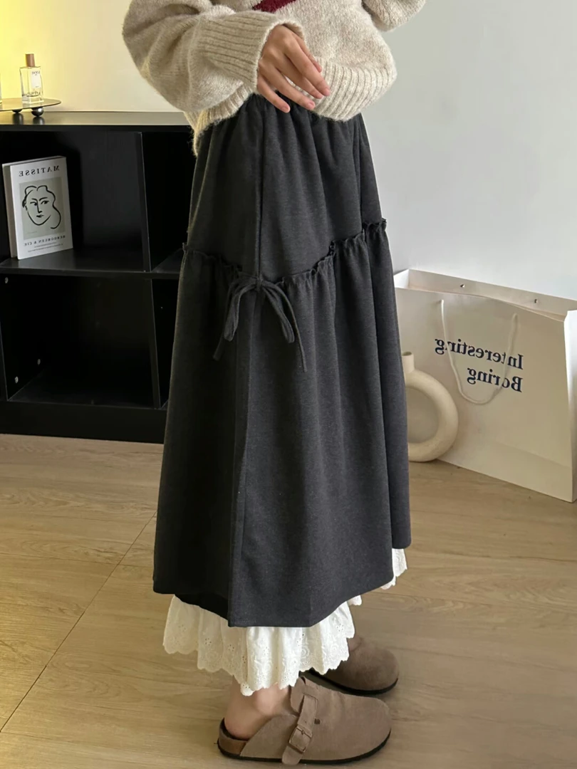 设计感韩系蕾丝拼接半身裙女秋大码胖mm高腰遮肚显瘦毛呢a字长裙