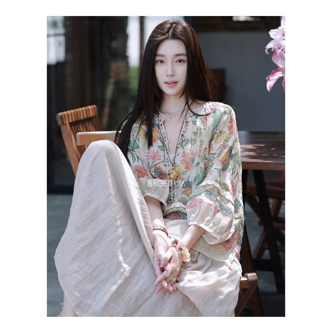 26-宝儿家含幂BK77925103春夏款穿搭波西米亚风钉珠碎花韵味衬衣