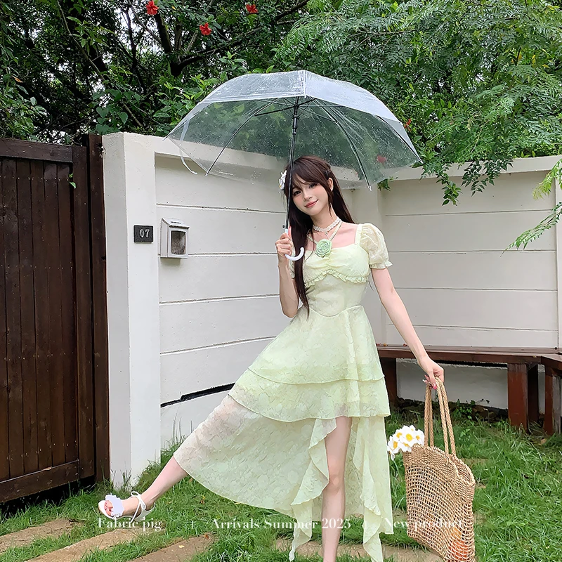 清甜夏日 织物猪原创 度假风薄荷绿提花吊带短袖连衣裙女显瘦开衫