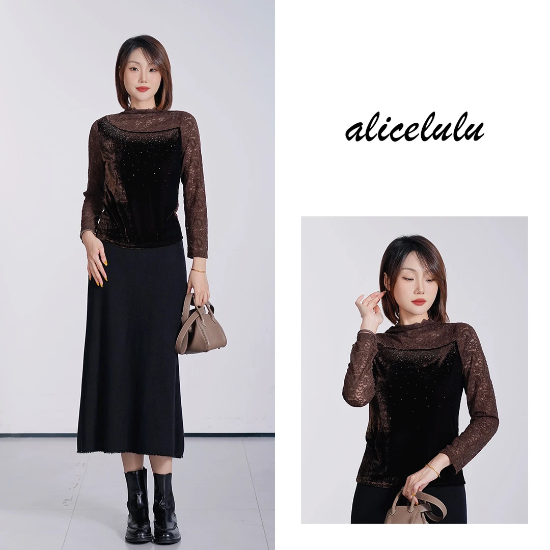 [alicelulu]时尚半高领蕾丝拼接丝绒烫钻打底衫S2144831T