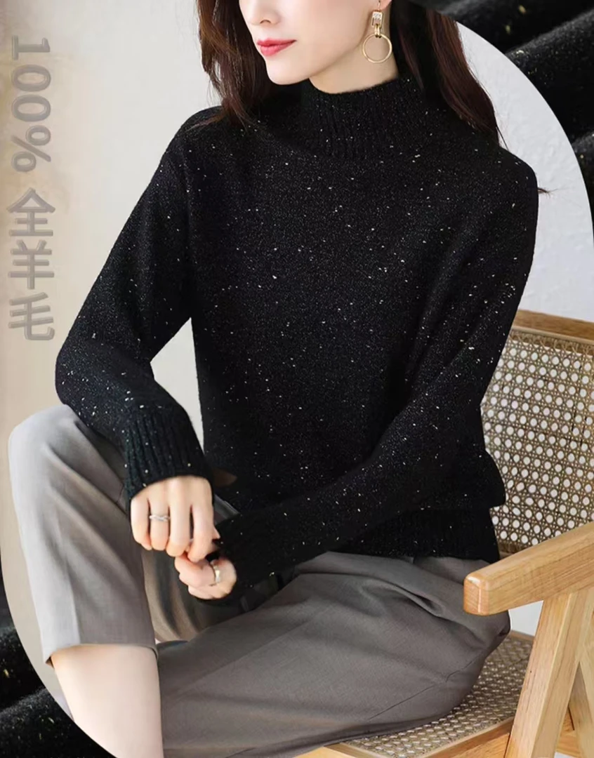 lulu【半高领】100%羊毛女士秋冬长袖针织新款毛衣百搭