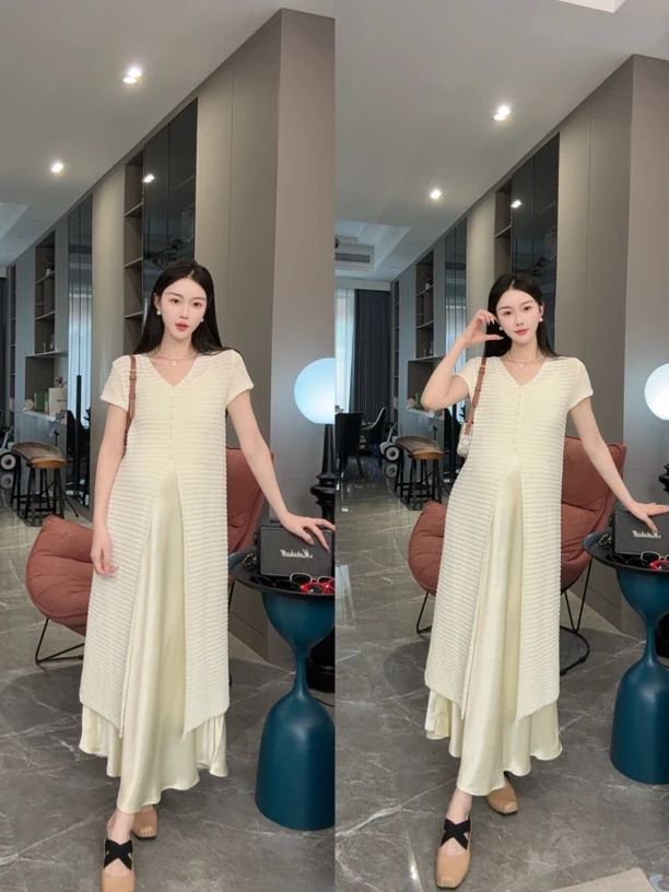 时尚孕妇夏季新品轻熟文艺简约针织百搭开杉+气质吊带裙套装