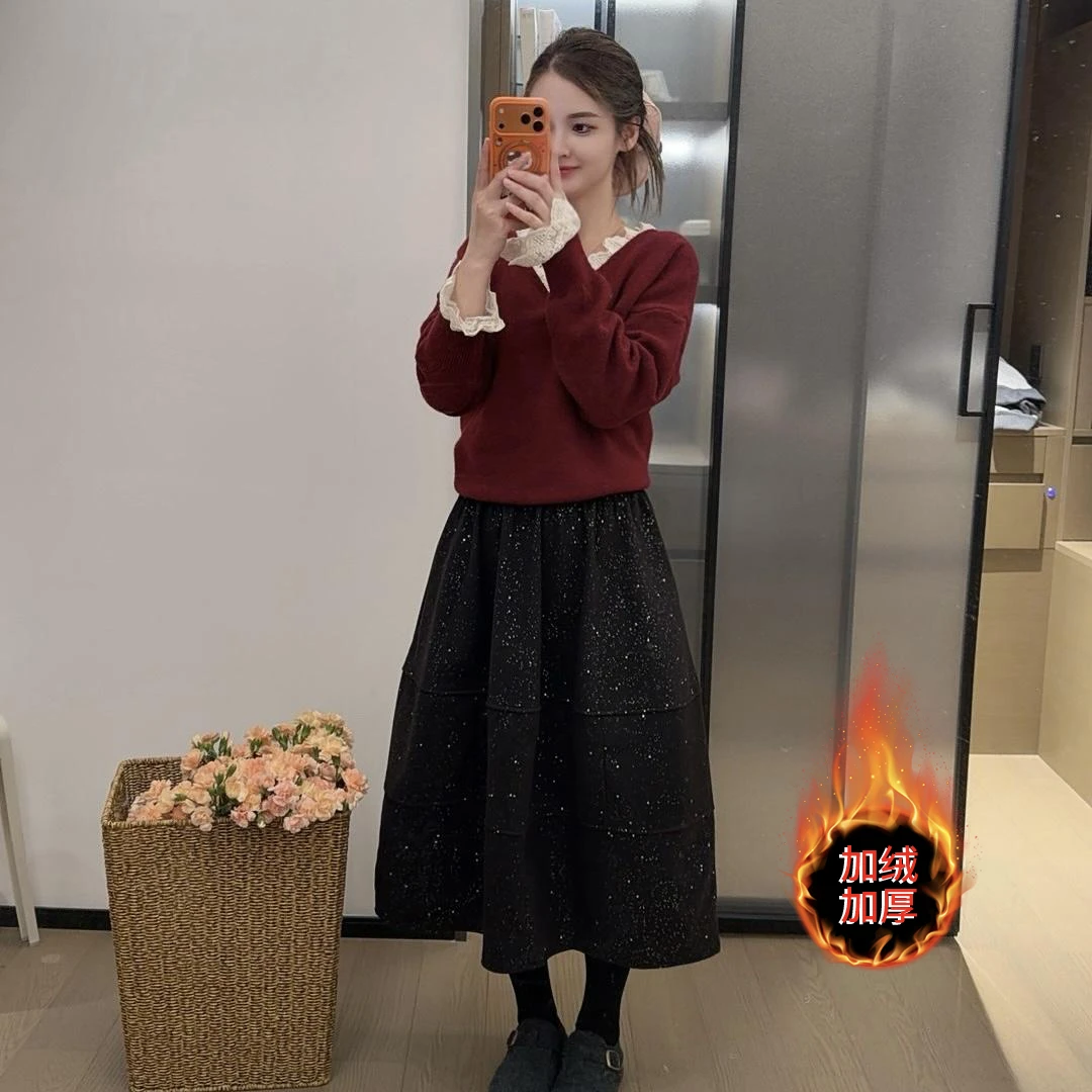 运补6毛呢半身裙女冬季烫晶高腰A字超好看冬裙中长款花苞伞裙