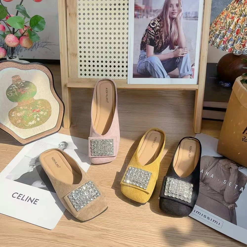 A801新款方头舒适百搭大扣钻糖果色半拖鞋