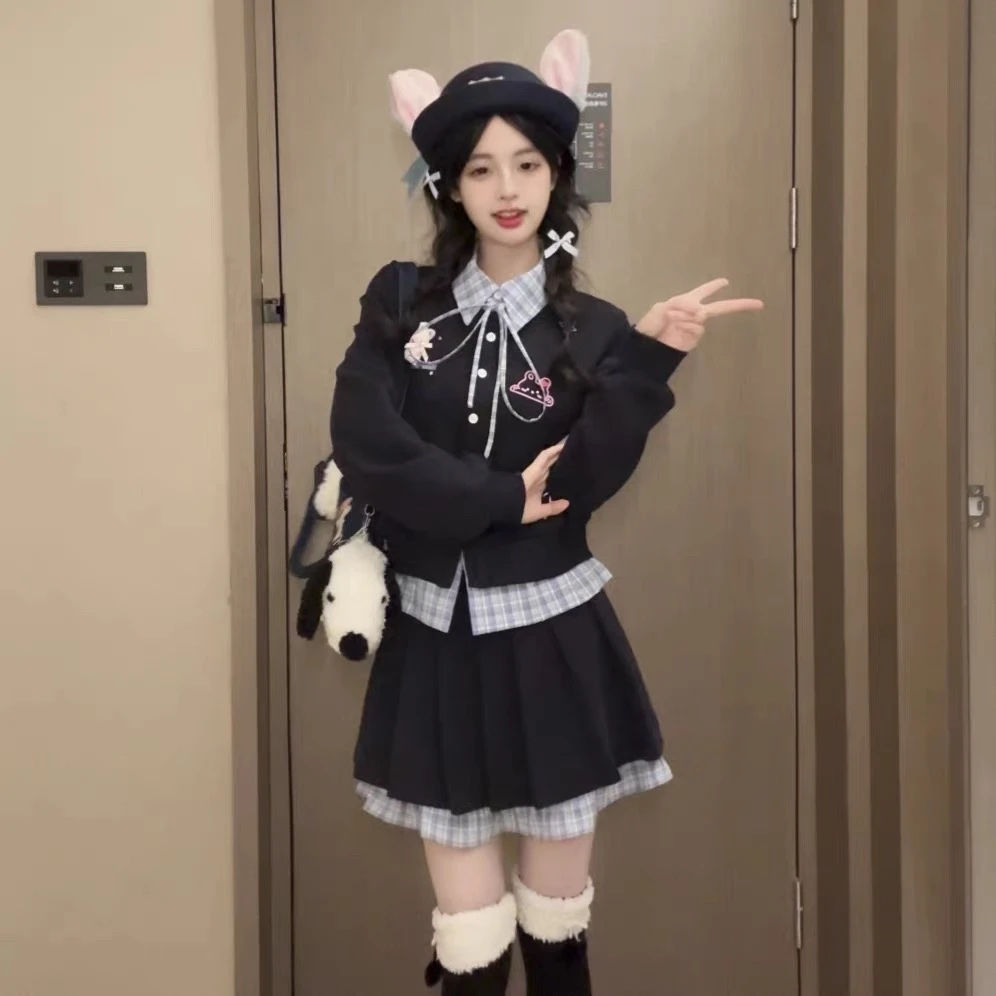 日系甜美少女风黑色拼衫外套搭配半身短裙两件套装