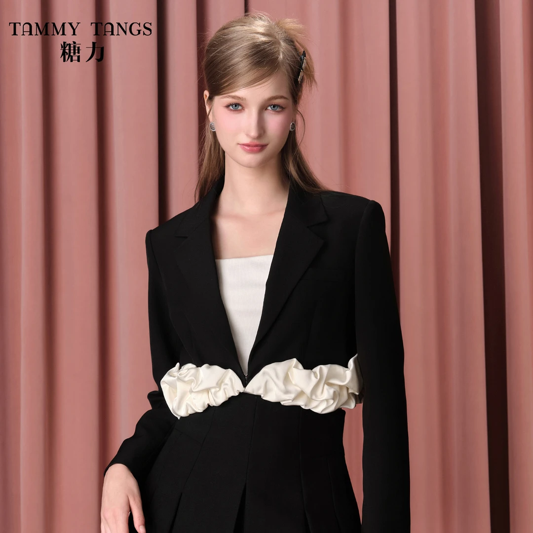 【老板娘夏天】糖力撞色缎面泡芙短款小西装女春秋季设计感西服外套