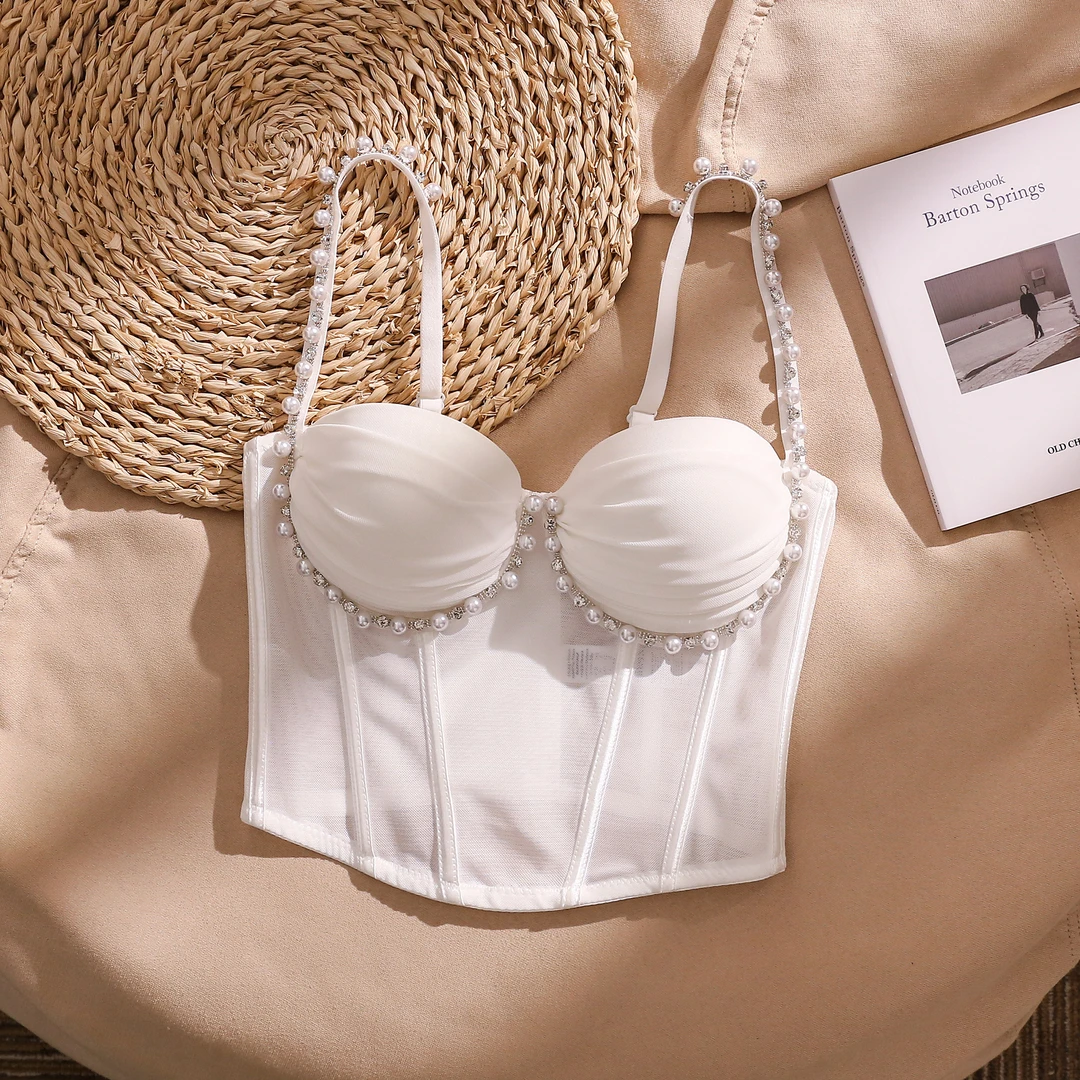 新款珍珠钻石褶皱鱼骨胸衣网纱钢圈吊带背心气质显瘦抹胸鱼骨上衣