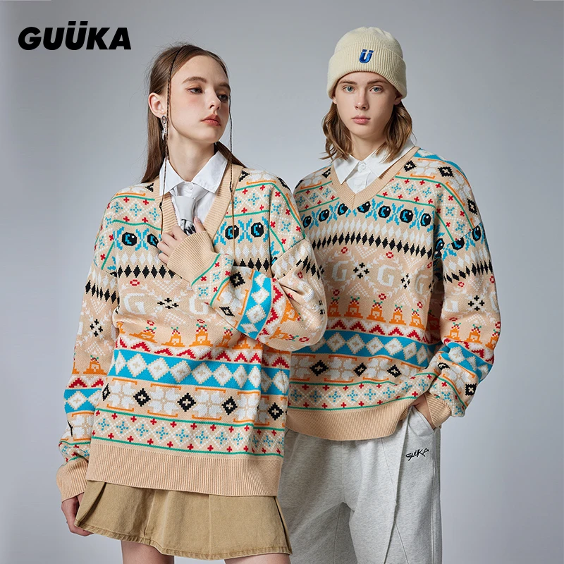 【陆思恒同款】拼色V领费尔岛毛衣男圣诞小怪兽情侣针织衫宽松M5531