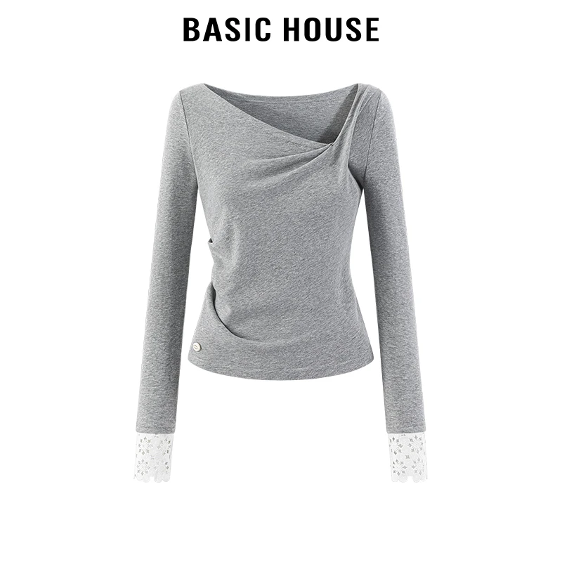 百家好/Basic House镂空蕾丝褶皱斜领长袖T恤修身收腰上衣女秋款
