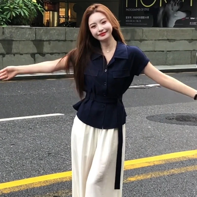 高级感收腰显瘦飞飞袖衬衫女夏季2025夏装新款直筒休闲裤两件套装