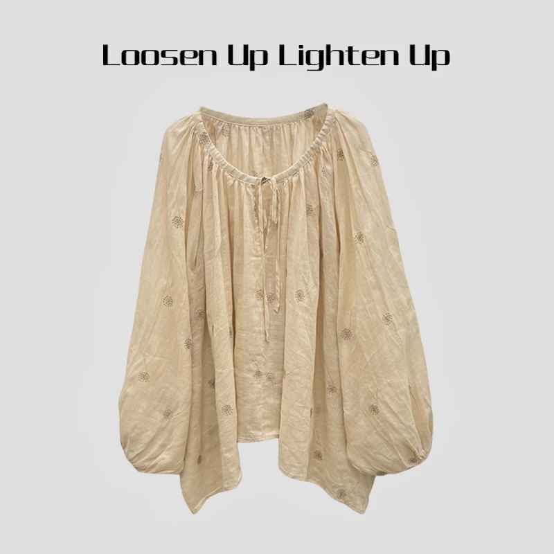 Loosen Up【蒲公英】重工刺绣定染麻料褶皱肌理领口抽褶宽松罩衫