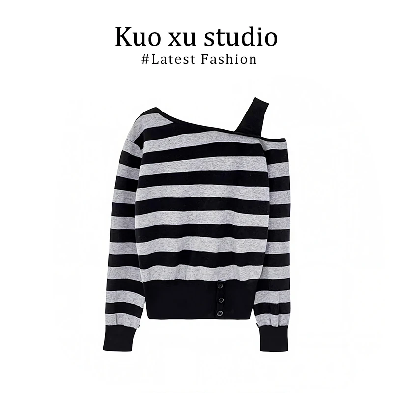 时尚洋气休闲服条纹露肩长袖T恤上衣秋季高腰宽松显瘦阔腿裤套装