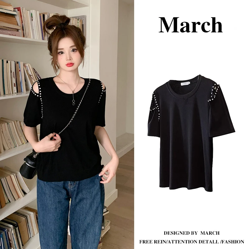 大码女款短袖t恤女胖MM夏季夏天新款遮肉一字肩显瘦斜肩上衣-8018