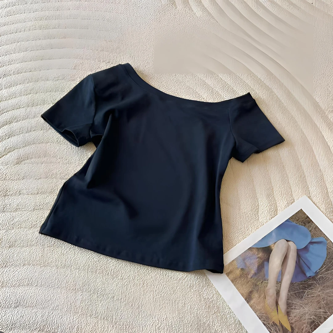 【专柜品质】夏季纯色简约斜肩领短款百搭显瘦T恤时尚短袖洋气女