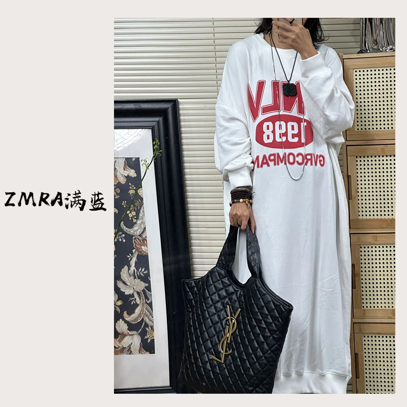 ML9472 秋季新款宽松中长款印花字母圆领长袖卫衣裙