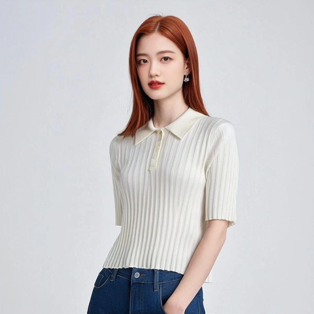 极简美丽诺羊毛减龄翻领五粒扣弹力修身竖坑条针织T 25082240