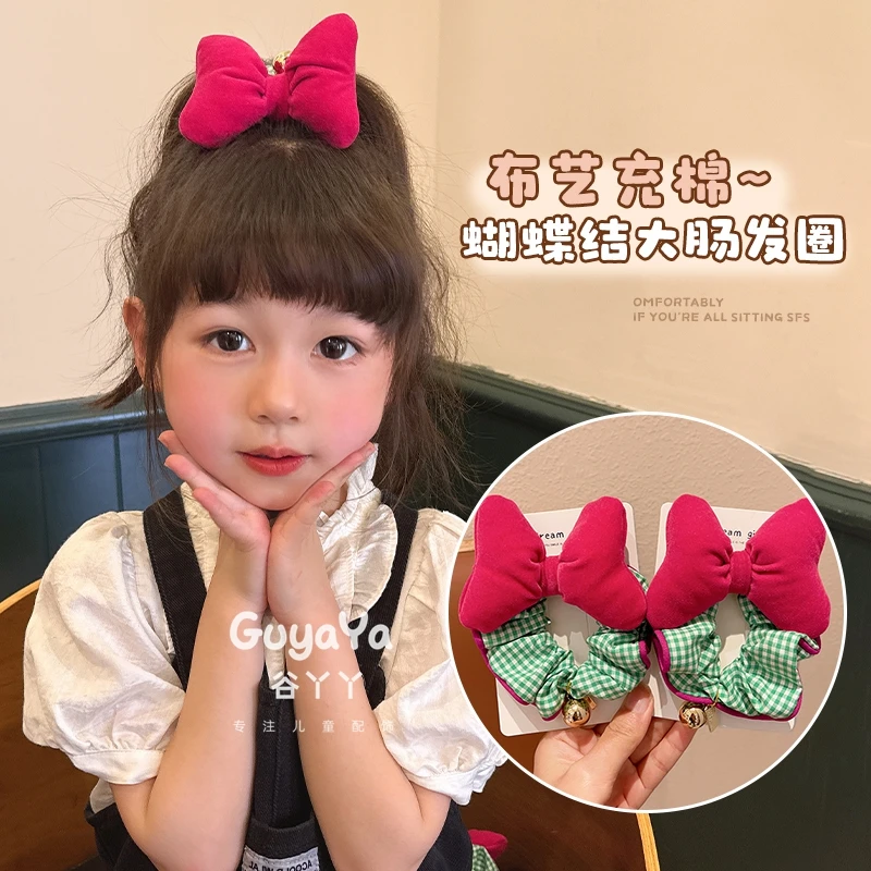 泡泡玫红蝴蝶结儿童发圈韩版撞色高马尾盘发女孩甜美百搭头绳发饰