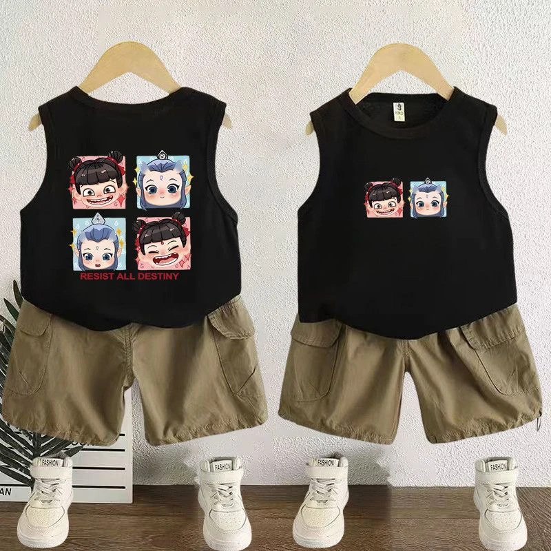 夏季儿童纯棉哪吒背心套装男童新款无袖t恤男孩宝宝洋气夏装上衣