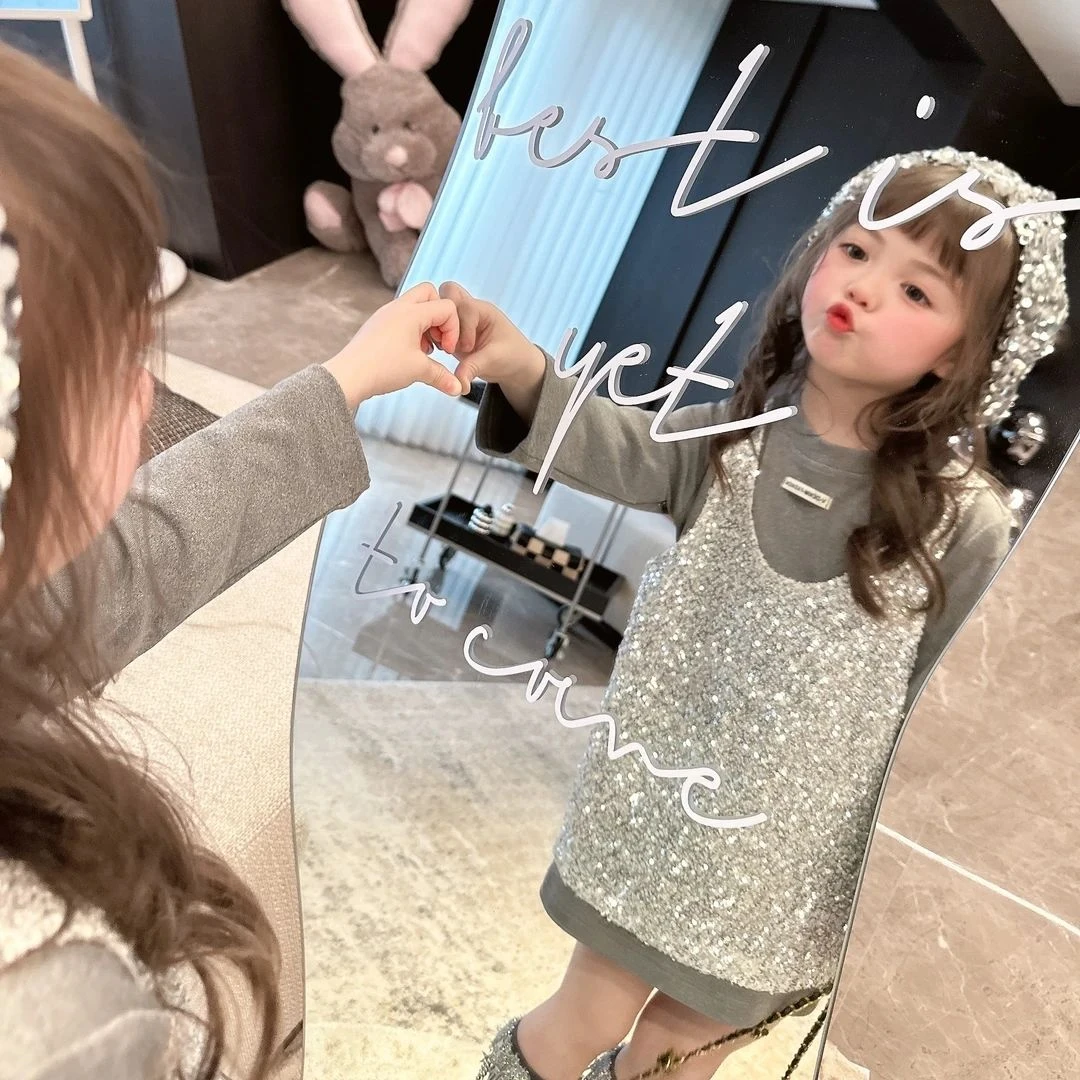 2025春季新款女孩精致百搭外穿长袖时尚风女童长款T恤假两件亮片T