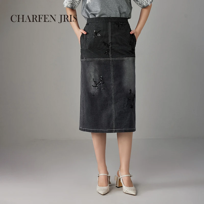 CHARFEN朝峰新款春夏季水洗做旧绣花拼接牛仔半裙FJF1B625-6163S