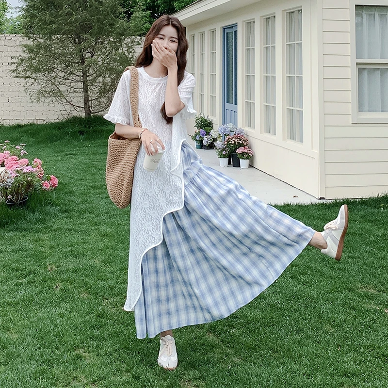 清新氛围感叠穿套装裙2025年夏季新款蕾丝罩衫蓝白格半身裙两件套