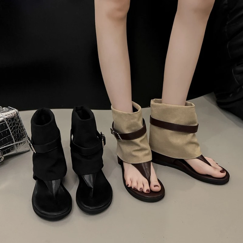 复古港风2025夏季新款时尚凉靴休闲风皮带扣夹趾网红百搭短靴女