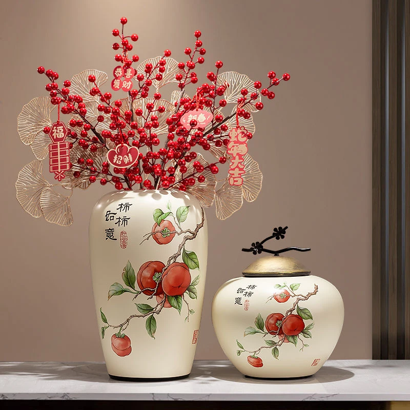 新中式柿柿如意花瓶2025玄关装饰陶瓷摆件客厅电视柜乔迁礼品