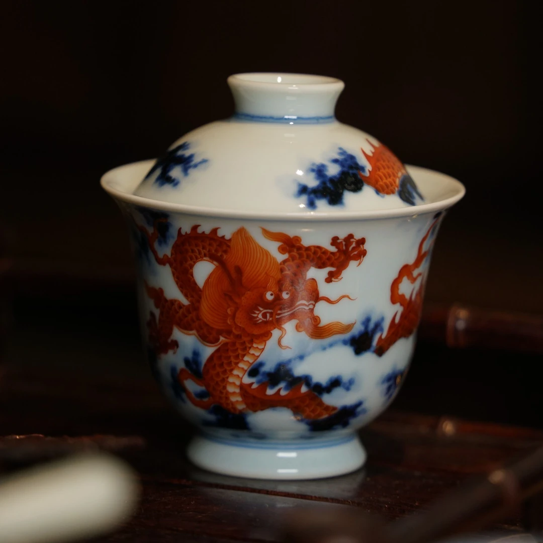 团窑青花矾红龙纹盖碗
