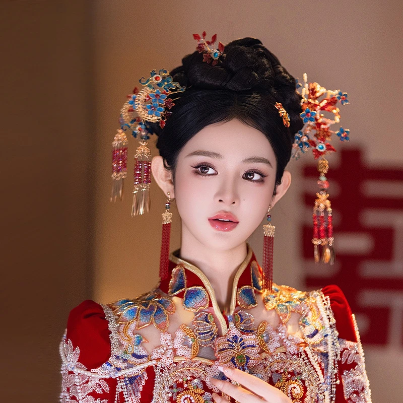 合金婚庆饰品 新中式秀禾红蓝撞色琉璃珍珠花朵头饰新娘精致G0150