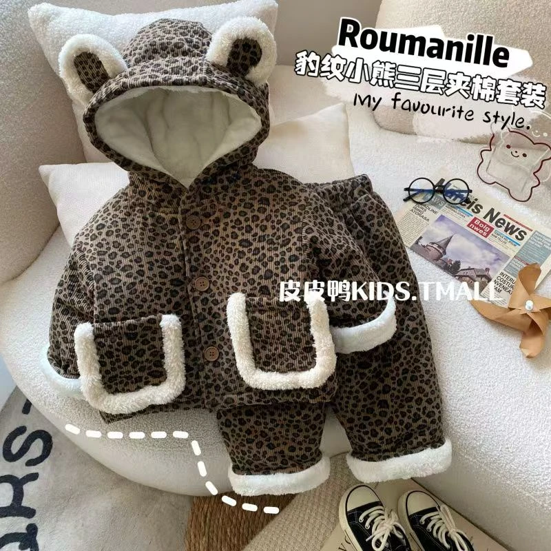 宝宝睡衣套装冬季男童三层加绒加厚家居服豹纹儿童冬款保暖两件套