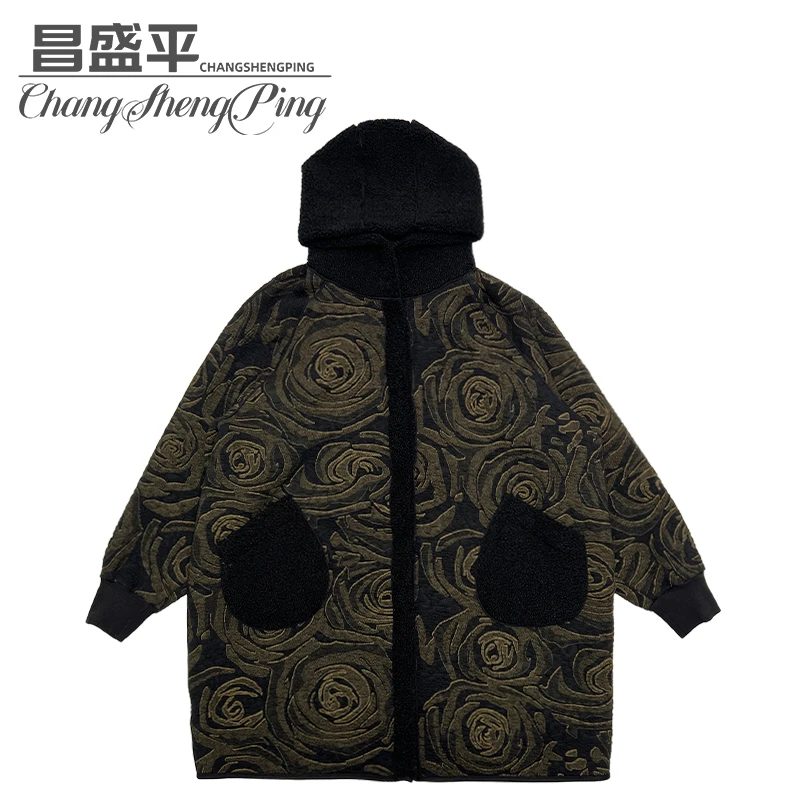 X【玫瑰花连帽加绒大衣】中长款时尚休闲保暖带帽大衣冬款加厚