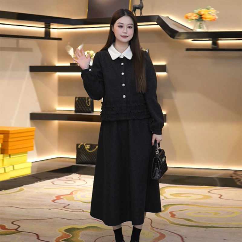 奢姿【戛纳之夜】大码女装2025冬季荷叶边翻领套装胖妹妹轻奢两件套