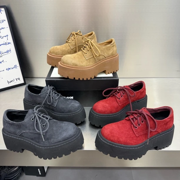 浩201-1新款厚底松糕磨砂皮尖头英伦风增高舒适乐福鞋底厚7公分