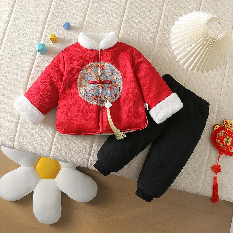 秋冬新款儿童加绒中国风喜庆棉服周岁生日拜年服龙图暗花套装