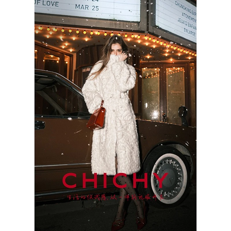 CHICHYCHICHY 人造皮草 宽松白色中长款25冬新款加厚年轻毛毛外套