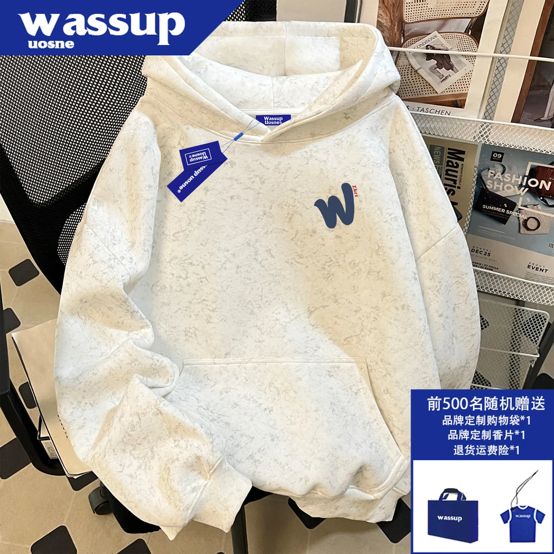 WASSUP UOSNE美式连帽卫衣男秋季新款hiphop百搭潮流短宽休闲帽衫