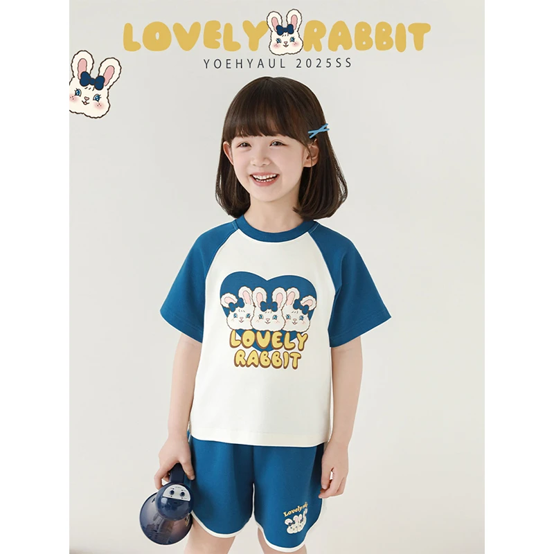 【清】YOEHYAUL/幼悠【兔叽搭配】 夏壹波女童休闲卡通短袖套装 X4996