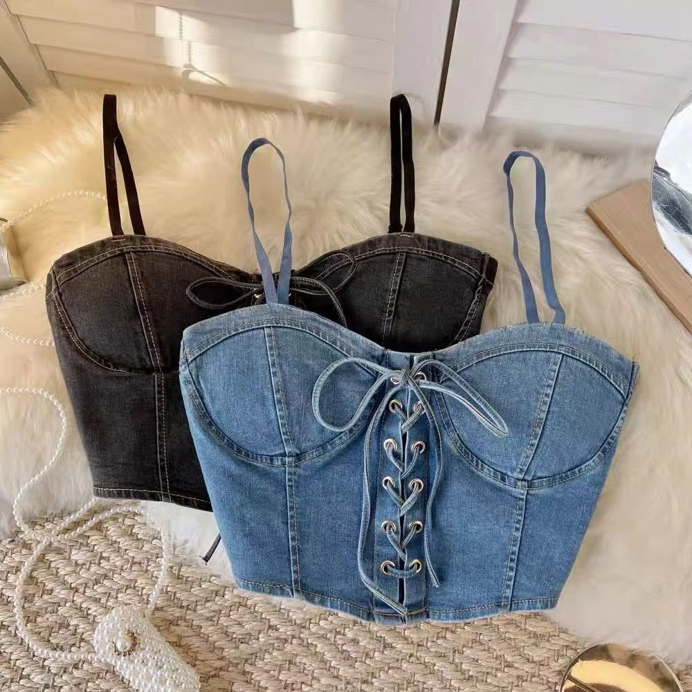 欧美风系带牛仔吊带背心女系带女士上衣薄款美背抽绳小众辣妹吊带