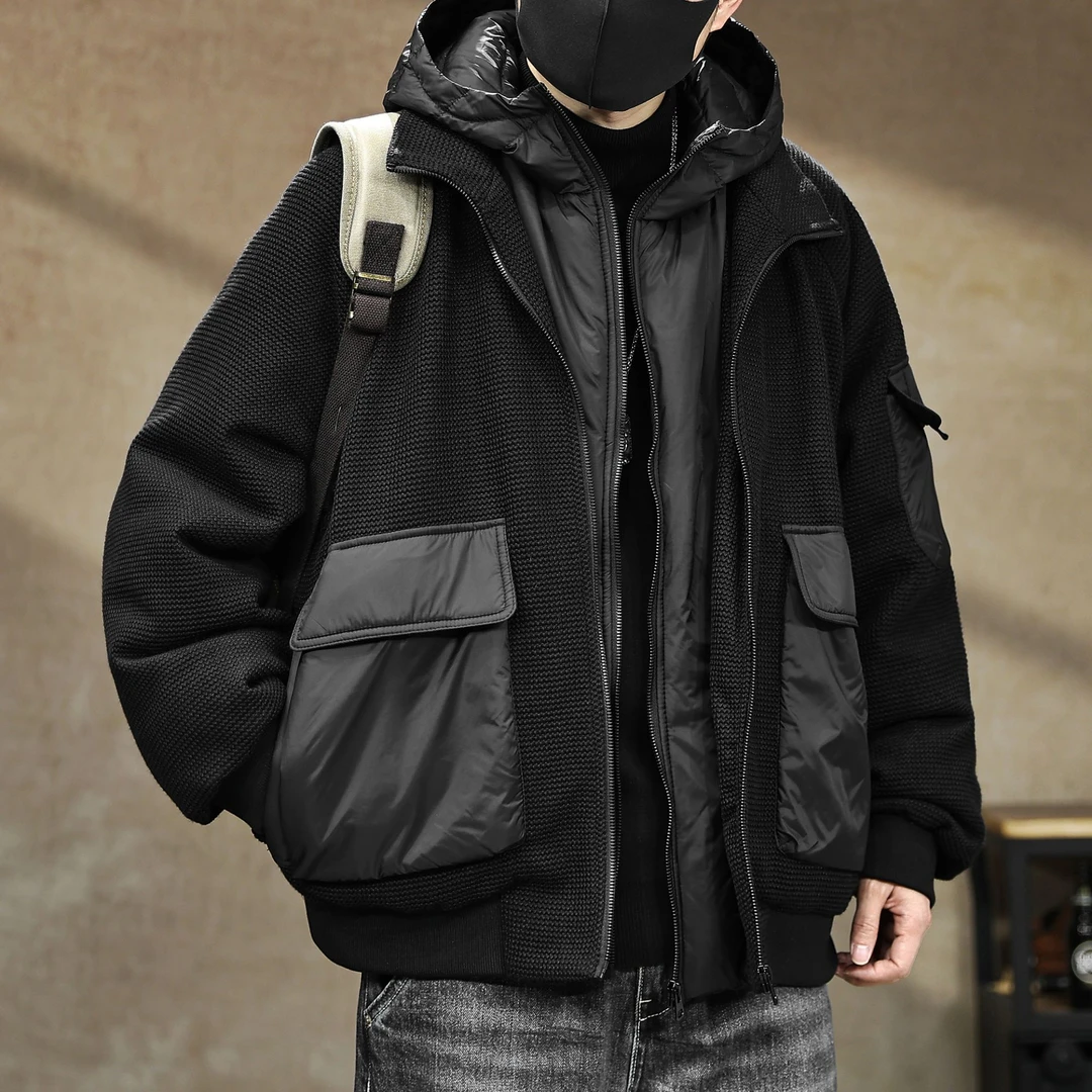 设计感针织毛衣连帽羽绒服男90鸭绒假两件冬季防寒保暖情侣外套潮