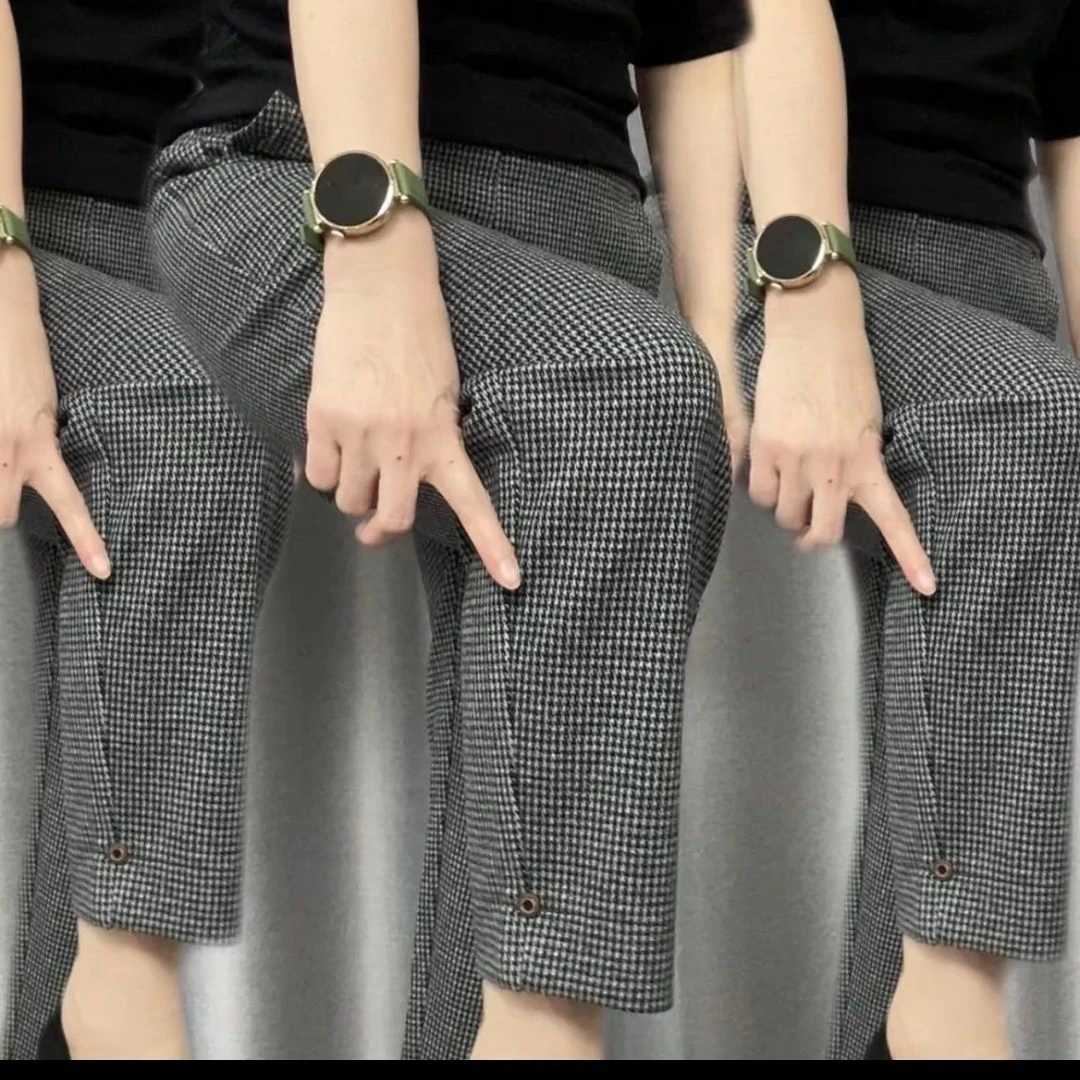 新款千鸟格洋气休闲垮裤2024宽松显瘦时尚九分格子休闲裤哈伦裤