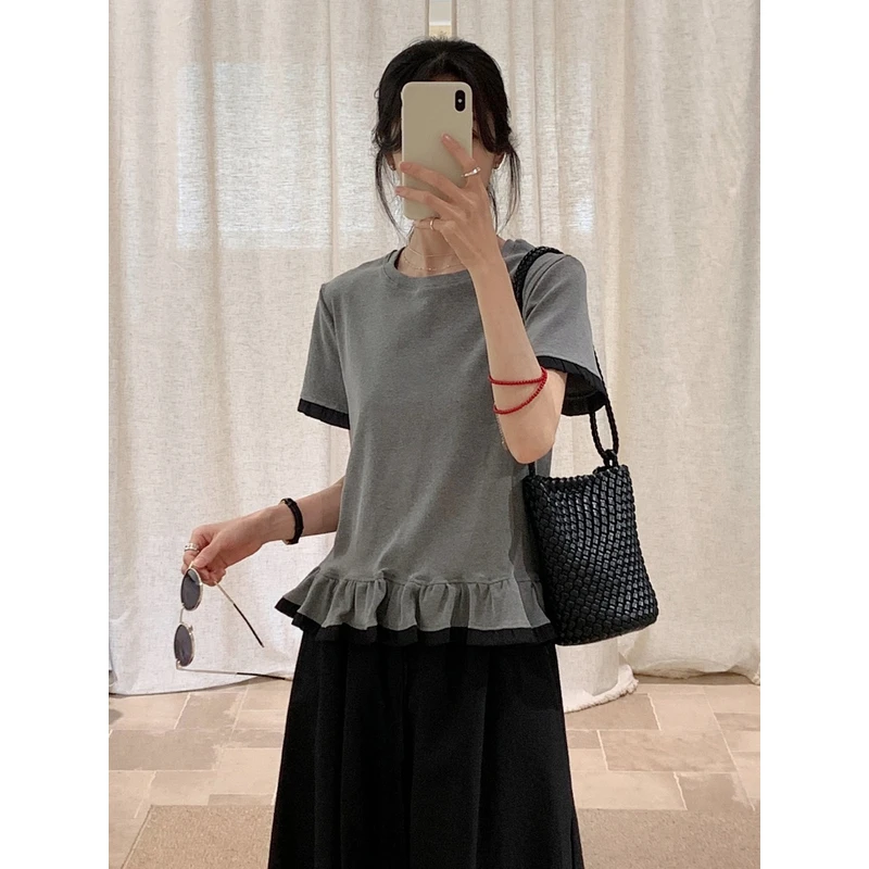 YNVN韩系花边正肩短袖T恤女宽松百搭设计感小众上衣2025夏季新款