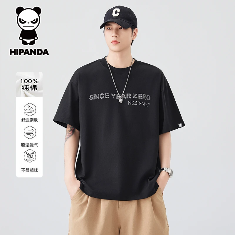 HiPanda你好熊猫纯棉宽松短袖T恤男士夏季薄款潮牌宽松半截袖上衣