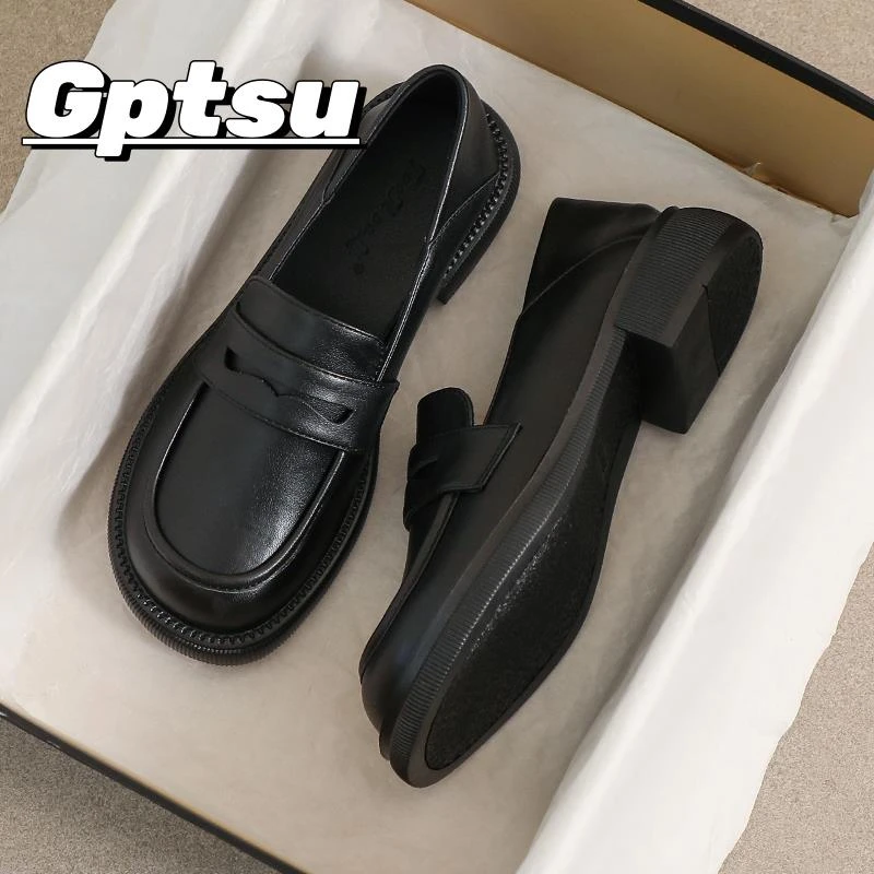 GPTSu小皮鞋女夏季款英伦风黑色大码豆豆时尚软底厚底工作乐福鞋