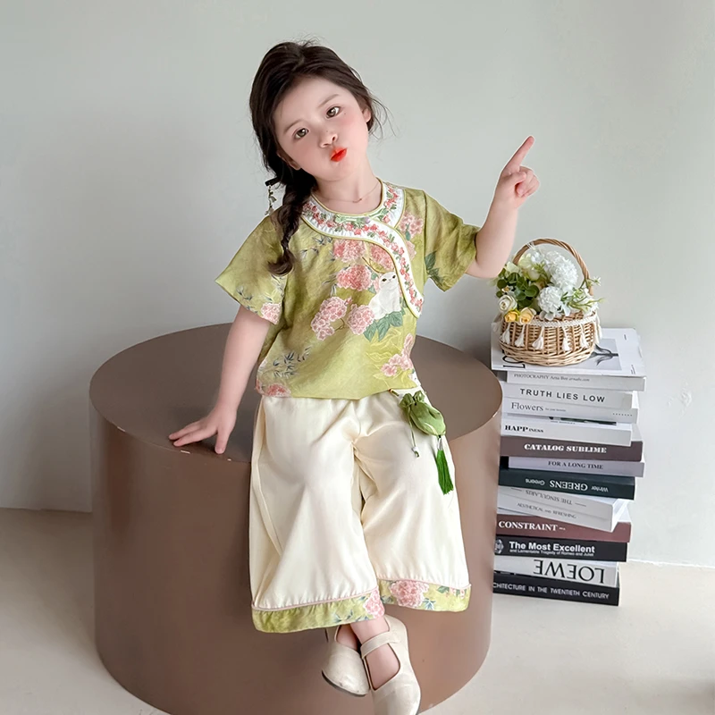 汉服女童中国风套装夏季2025新款儿童阔腿裤两件套宝宝新中式衣服