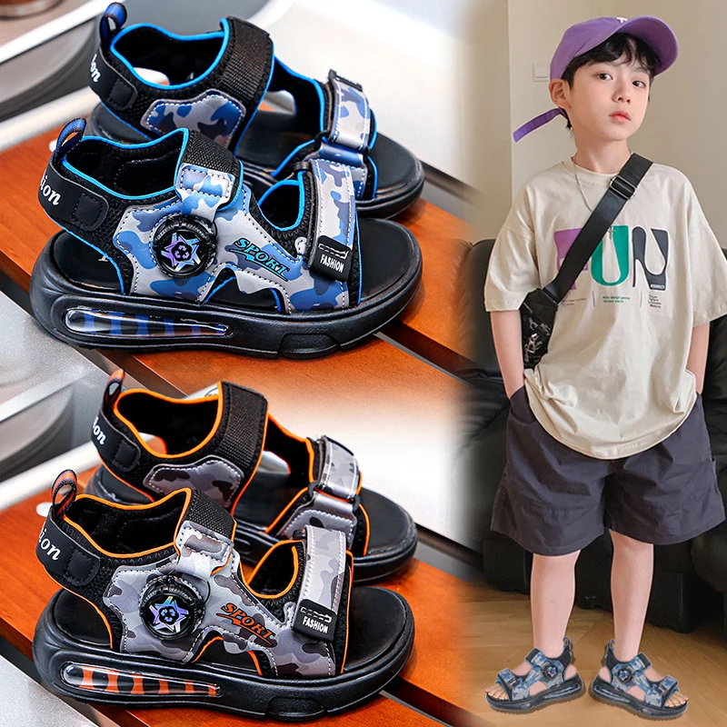 ABC男童凉鞋运动夏季2025新款儿童防滑沙滩凉拖旋纽扣露趾鞋男孩