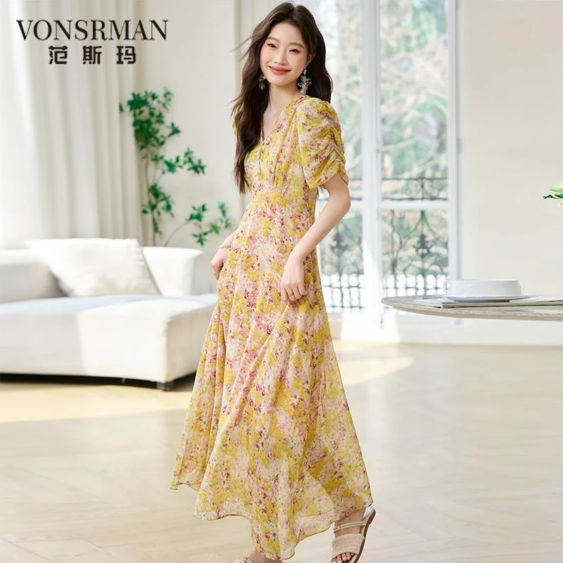 独特漂亮黄色碎花连衣裙女夏2025新款气质收腰显瘦高级感气质长裙
